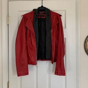 Red Black Rivet Leather Jacket with Detachable Grey Hood